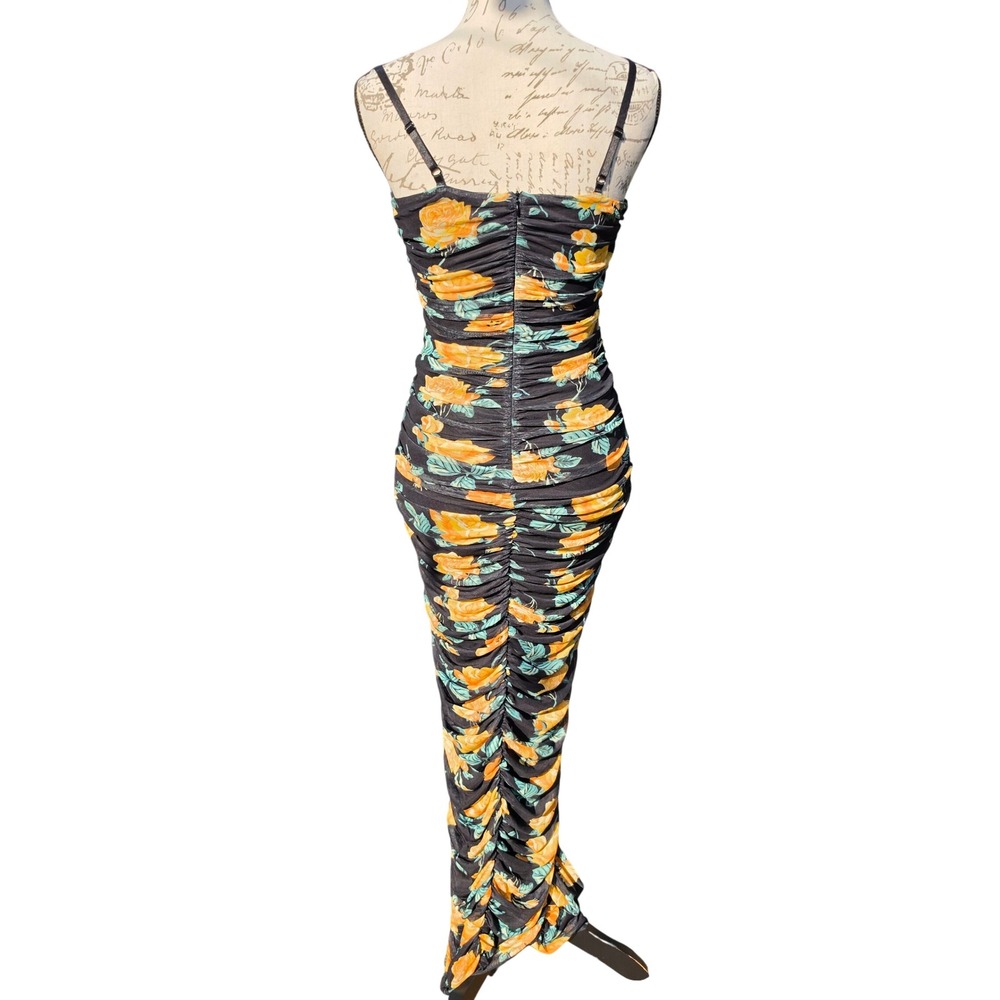 Venus NWOT Black Orange Floral Ruched Mesh Maxi Dress Side Slit Size XS - Picture 5 of 9